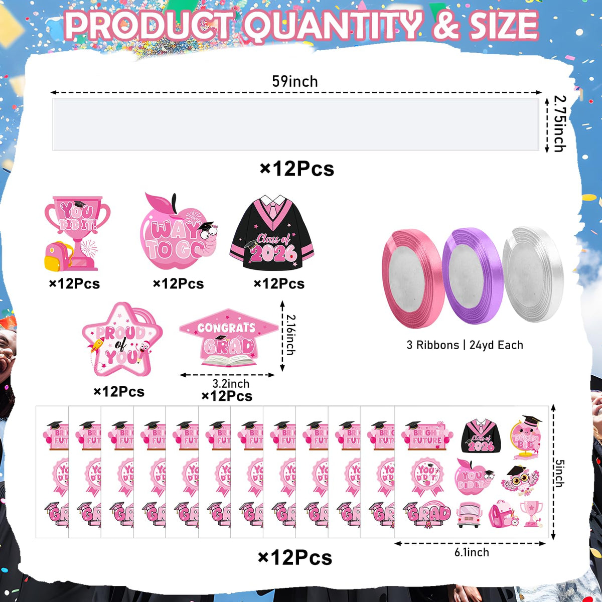 Silkovahamd Graduation Candy Leis 2026 - Graduation Candy Lei Making Kit Class of 2026, 12 Candy Tubing Clear 60 Pink Paper Cards 12 Stickers 3 Ribbon
