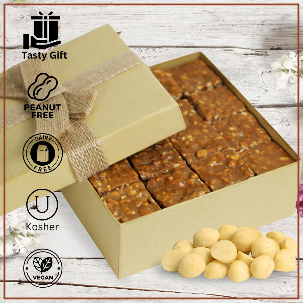 Gourmet Macadamia Brittle Gift Box - by Its Delish | Handmade Old-Fashioned Style | Beautiful & Delicious Square Cut Pieces 16 Oz Macadamia Brittle |