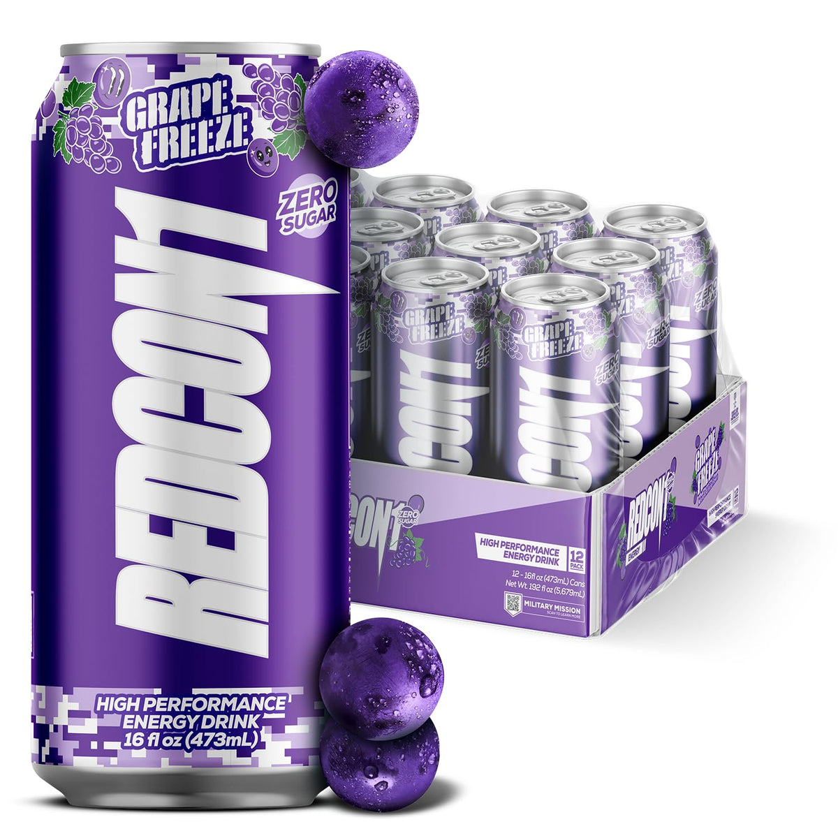 REDCON1 Energy High Performance Drink, Grape Freeze - Zero Sugar Energy Drink with Alpha GPC Nootropic - 200mg Natural Caffeine from Green Coffee