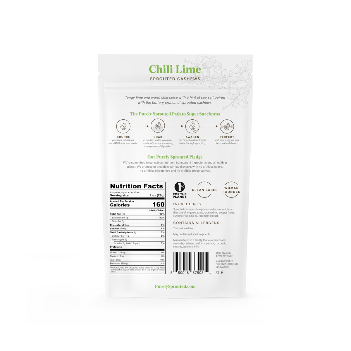 Purely Sprouted Cashews Chili Lime Sea Salt, Non-GMO Superfood for Healthy, Gluten-Free Snacking (4 oz, 6 pack)