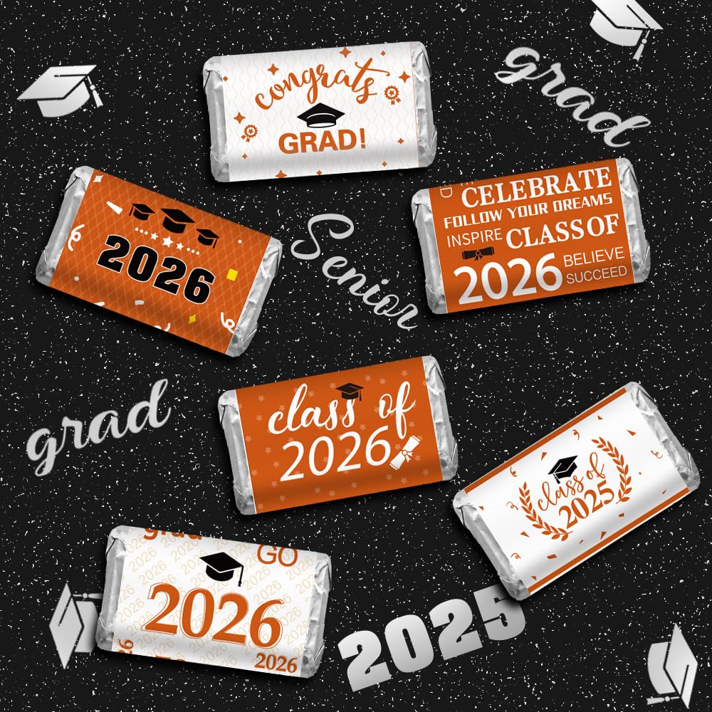 Graduation Party Decorations, 2026 Graduation Candy Stickers, 120 PCS Orange White Congrats Grad Mini Candy Wrapper Class of 2026 Bar Label Sticker