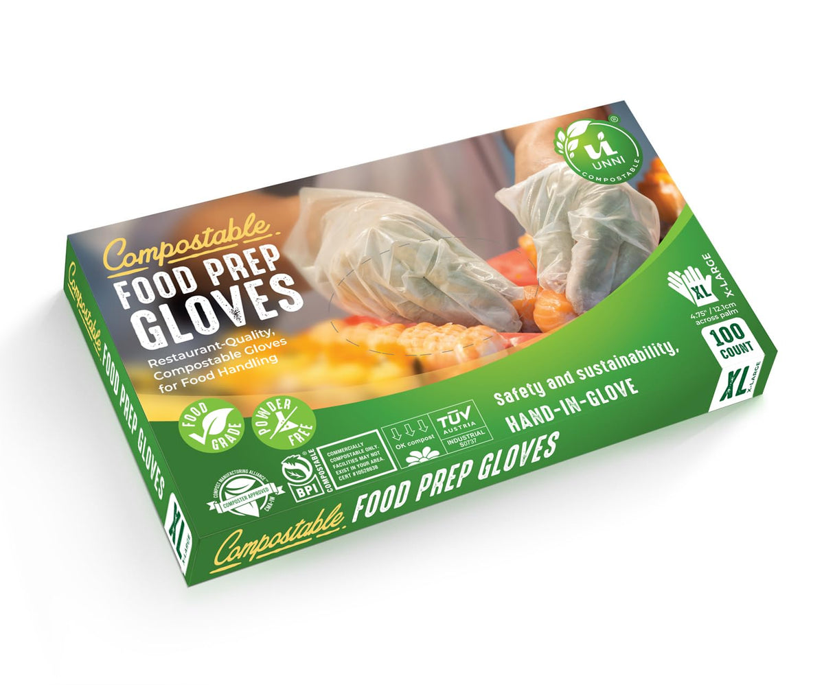 UNNI Compostable Food Prep Gloves, Small, 100 Count, Powder-Free, For Food Handling & Cleaning, ASTM D6400, BPI Certified