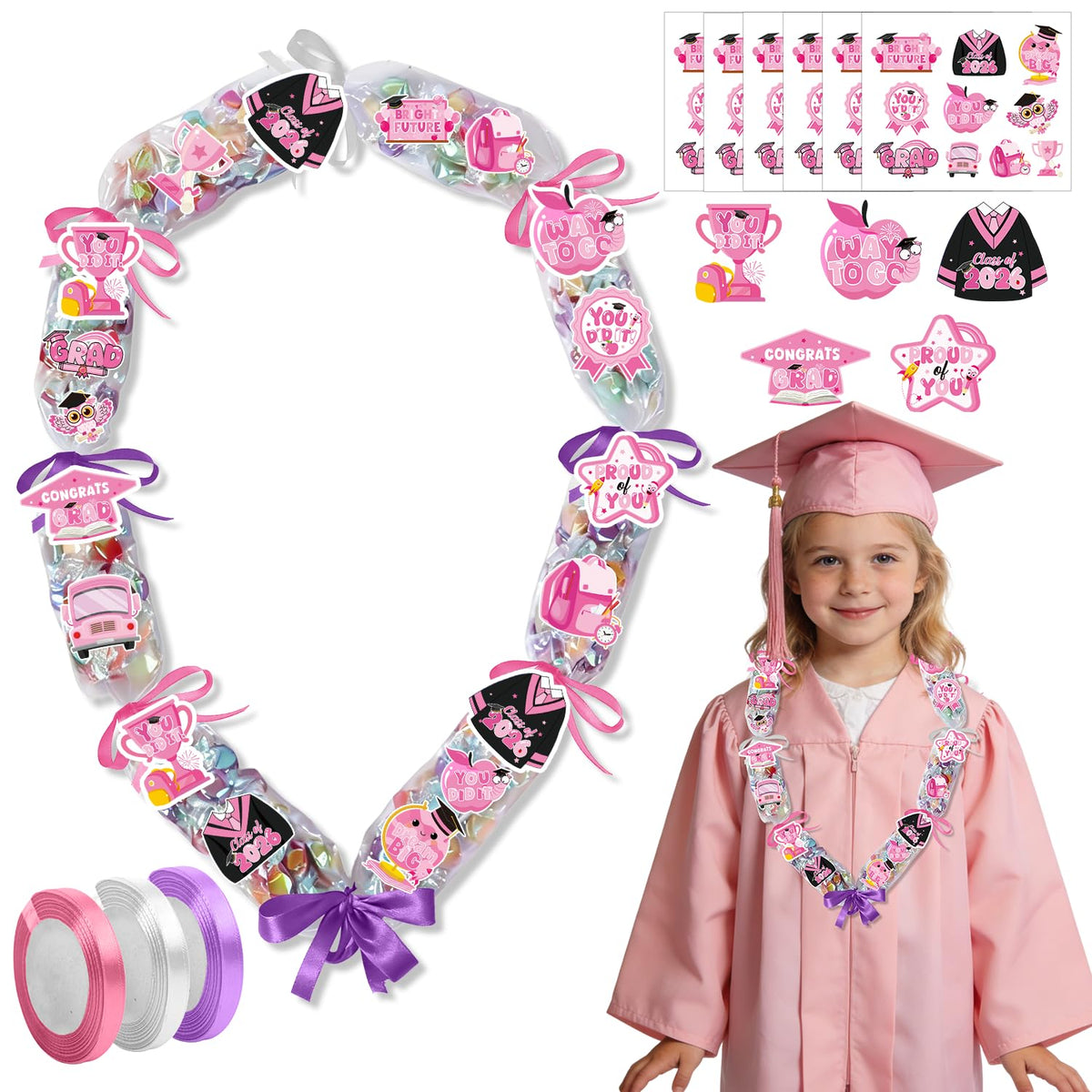 Silkovahamd Graduation Candy Leis 2026 - Graduation Candy Lei Making Kit Class of 2026, 12 Candy Tubing Clear 60 Pink Paper Cards 12 Stickers 3 Ribbon