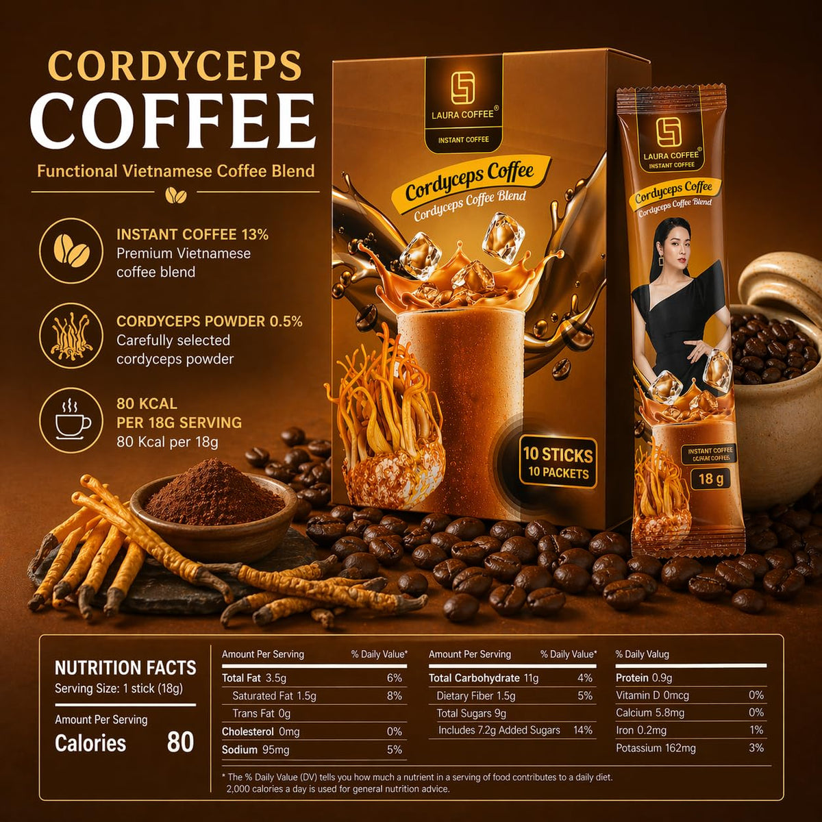 Laura Cordyceps Mushroom Coffee, Vietnamese Instant Coffee 3 in 1, Energy Focus Coffee Mix, 10 Sachets, Strong Coffee Flavor