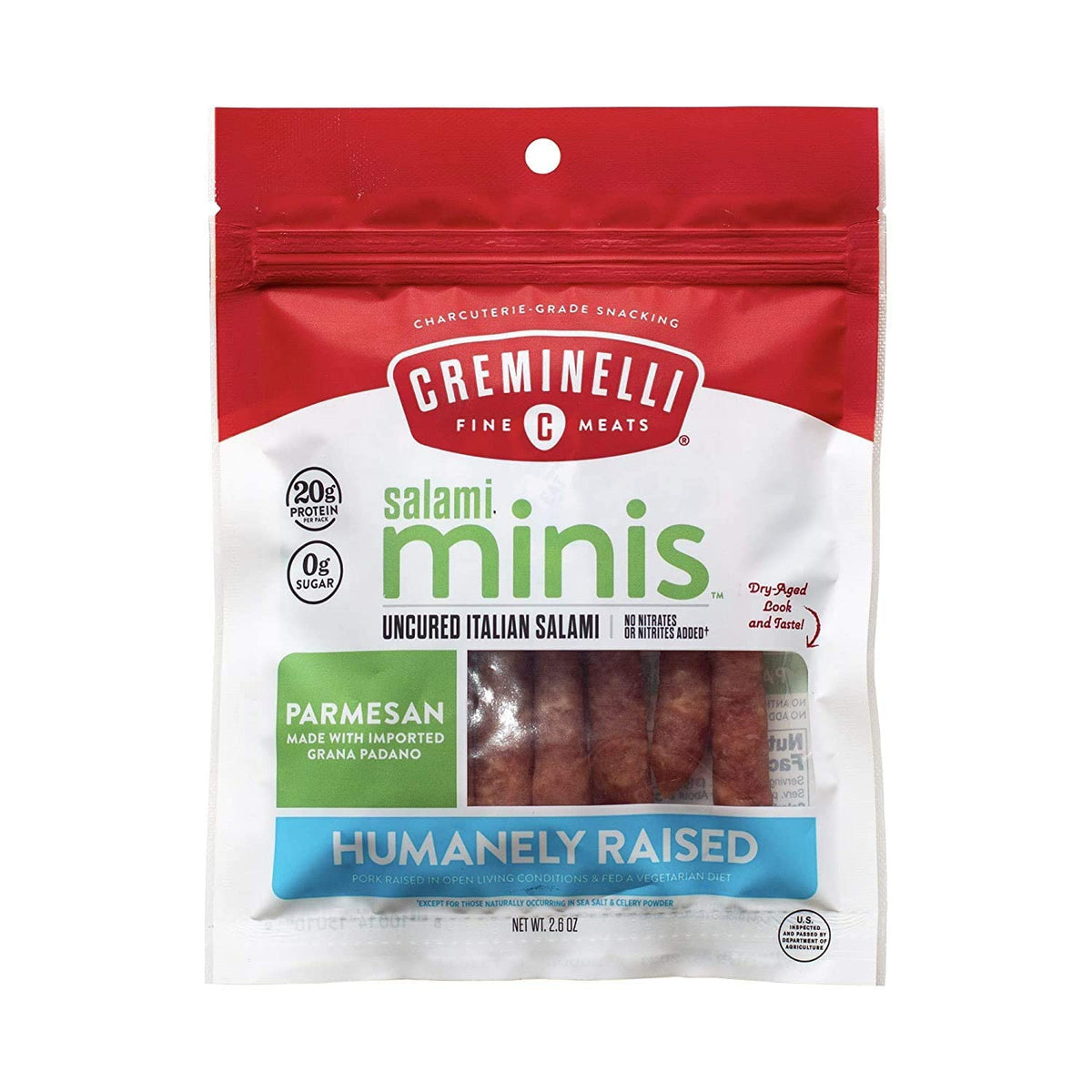 Creminelli Parmesan Salami Minis, (1 count 2.6oz), Humanely Raised Pork*, No Added Nitrates or Nitrites, No Artificial Ingredients, Gluten Free, Keto