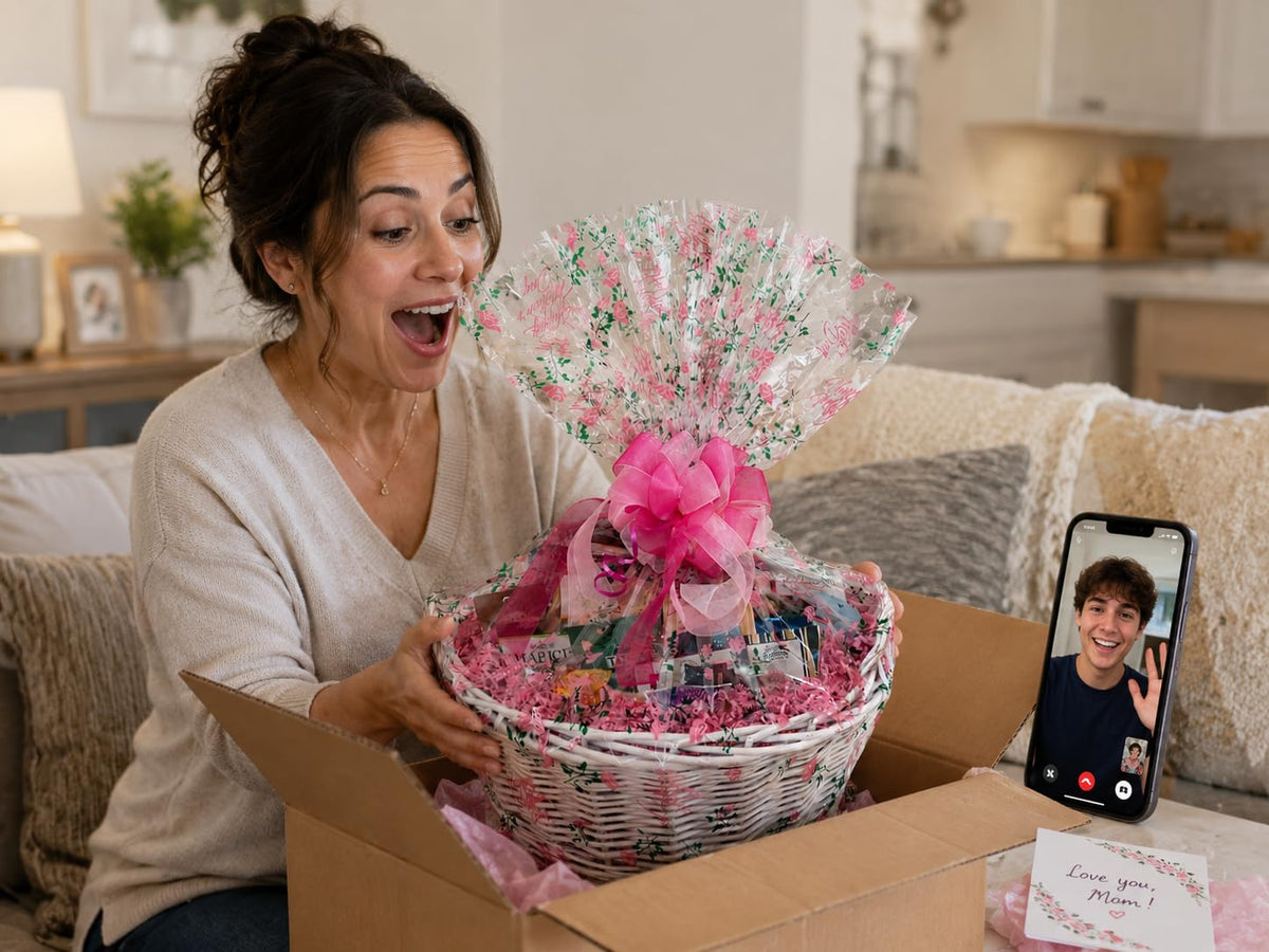 Mothers Day Gift Basket with Chocolate, Candy & Snacks - 18 Inch Wrapped Gift Basket - Holiday Treats for Mom, Grandma, Family, Friends & Coworkers