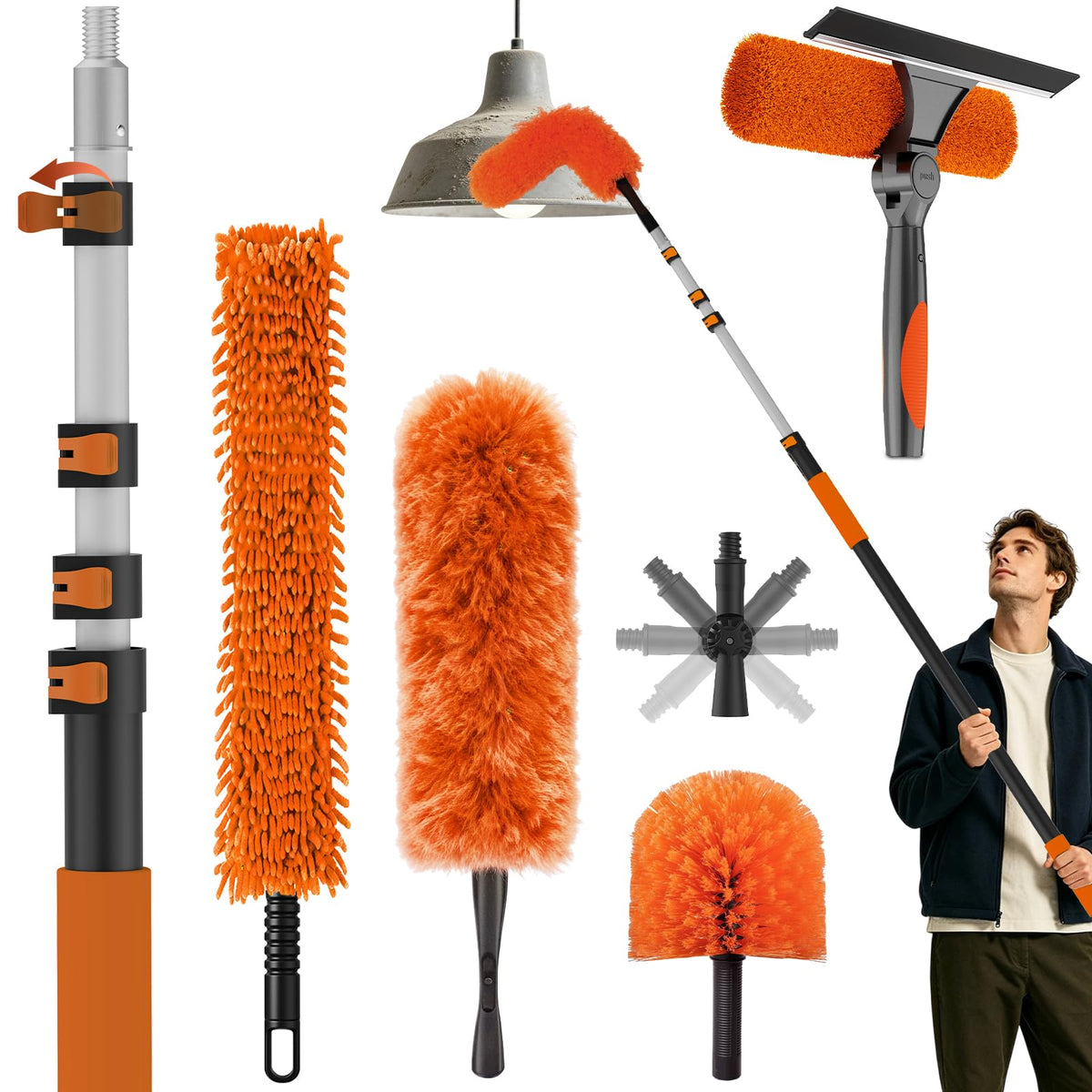 25FT Reach High Ceiling Duster Kits with 5-20FT Adjustable Pole - Includes Extra Long Duster, High Ceiling Duster, Rotatable Window Squeegee & Cobweb