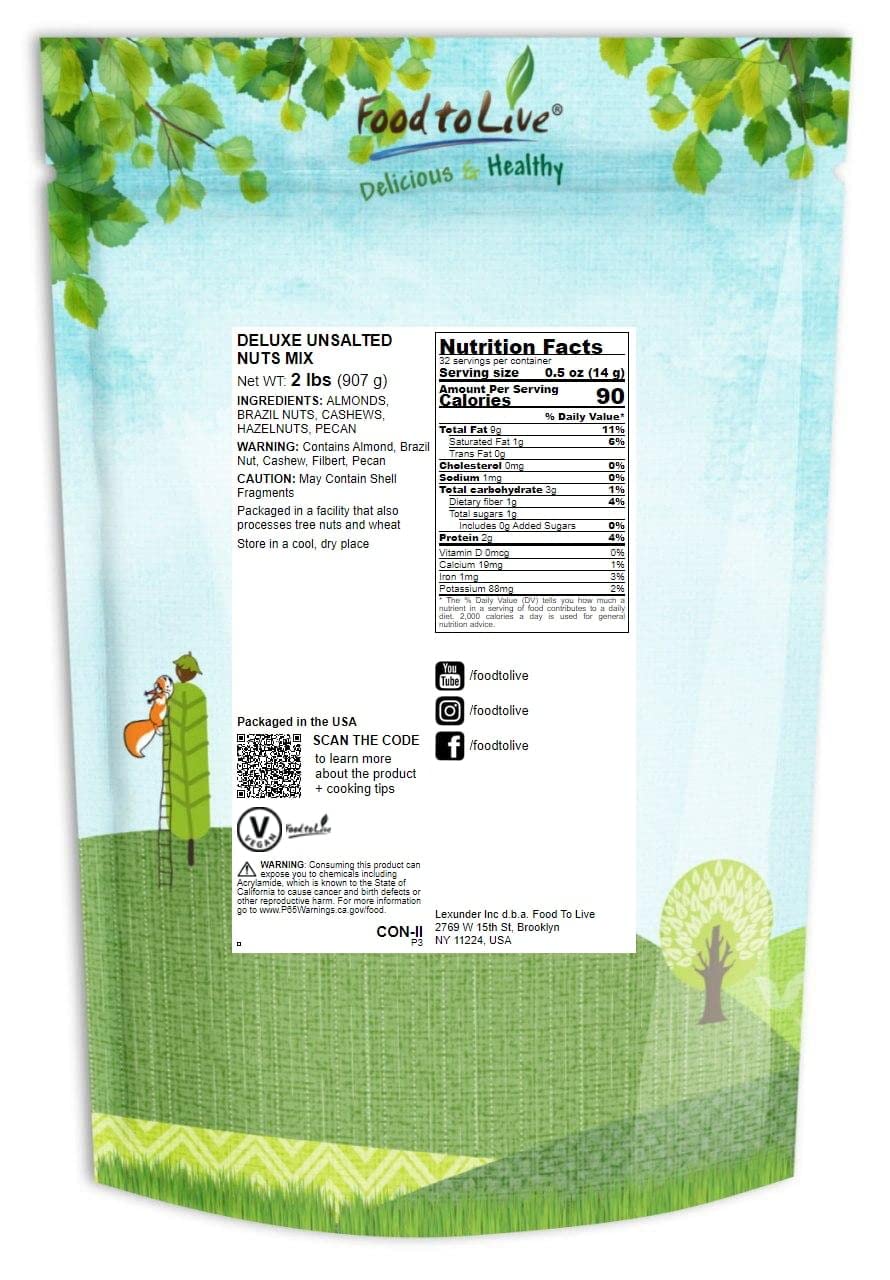 Food to Live Deluxe Unsalted Nuts Mix, 2 Pounds - A Blend of Dry Roasted Pecans, Cashews, Hazelnuts, Almonds, Brazil Nuts. Oven Roasted, Vegan