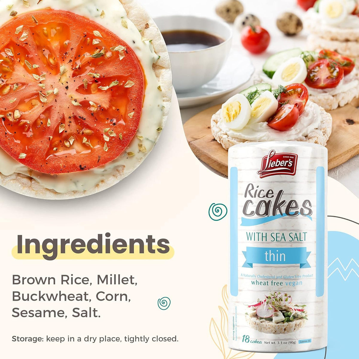 LIEBERS Snack Sea Salt Rice Cakes, Dairy Free, Wheat Free, Gluten Free, And Vegan options Kosher Certified, (3-Pack)