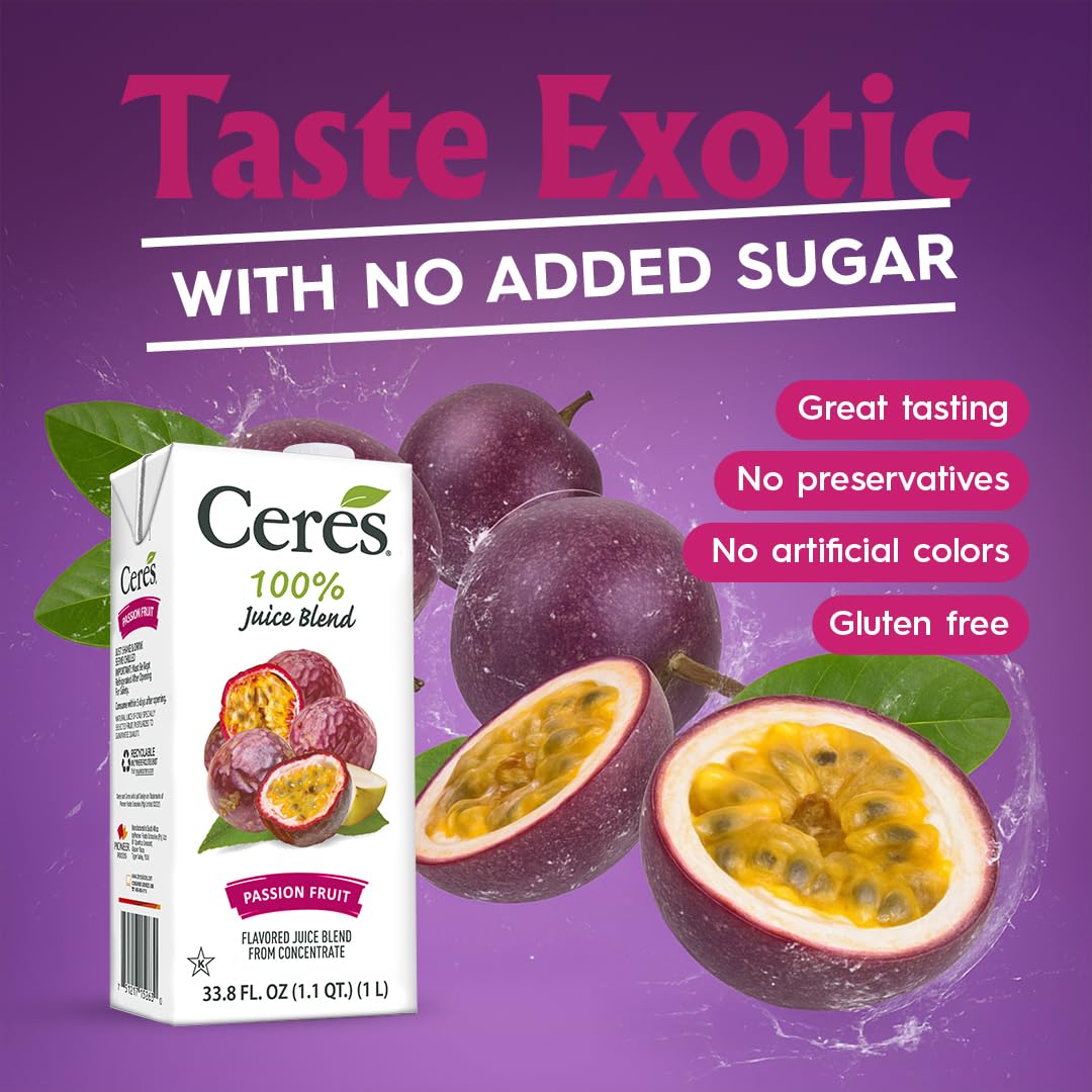 Ceres 100% All Natural Pure Fruit Juice Blend, Passion Fruit - Gluten Free, Rich in Vitamin C, No Added Sugar or Preservatives, Cholesterol Free