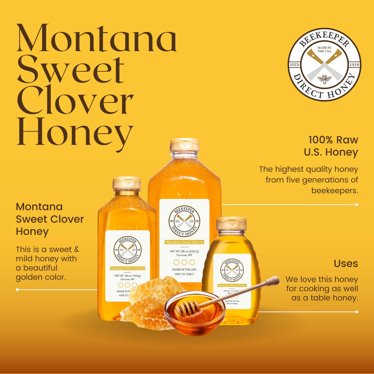 Beekeeper Direct Raw Unfiltered Honey - Real Raw Sweet Clover Honey - All Natural Non-GMO Pure Gourmet Honey - Local Montana Clover Honey (1lbs