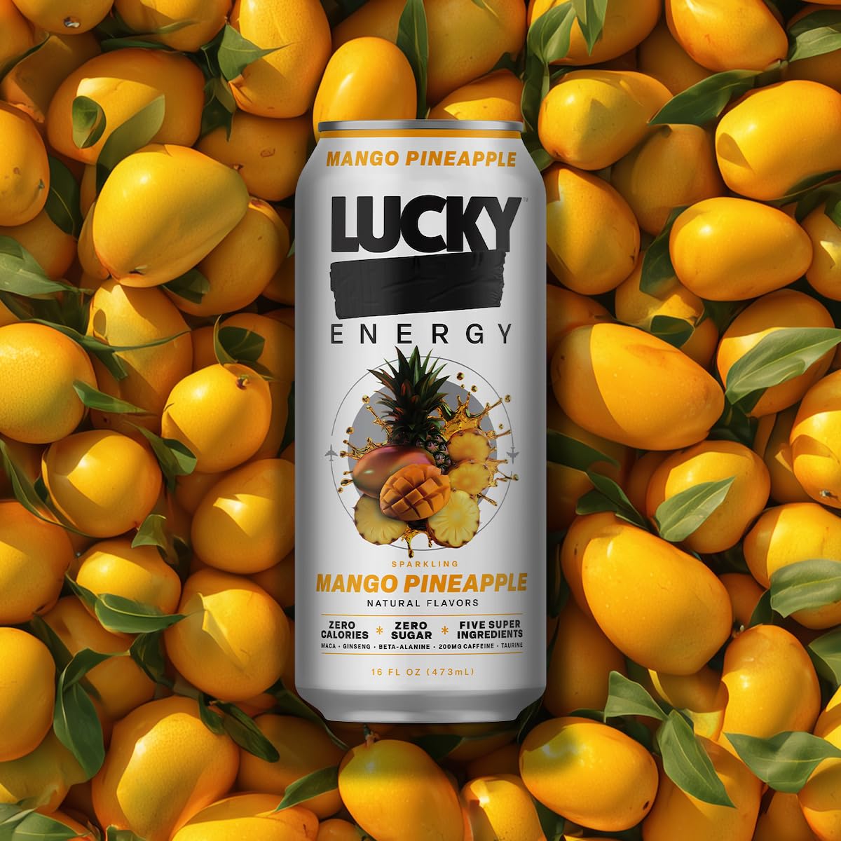 Lucky Energy Drink Mango Pineapple, Zero Sugar, 200mg Caffeine, 12 Pack