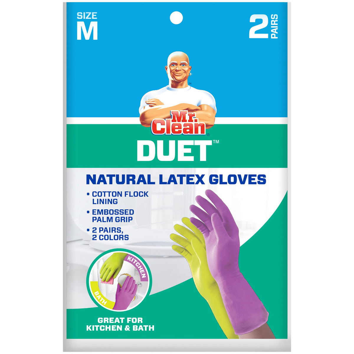 Mr. Clean Duet, Natural Latex, Beaded Cuff, Cotton Flock Lining, Non-Slip Grip Gloves, Medium