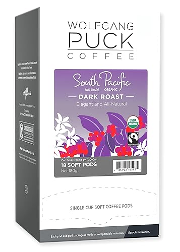 Wolfgang Puck Soft Coffee Pods, Organic Fair Trade, South Pacific Dark Coffee, 18 Count