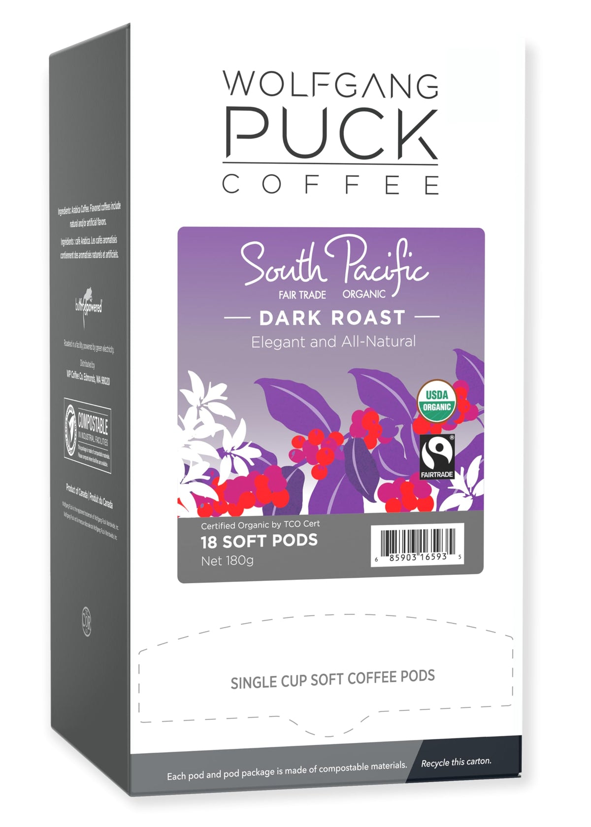 Wolfgang Puck Soft Coffee Pods, Organic Fair Trade, South Pacific Dark Coffee, 18 Count