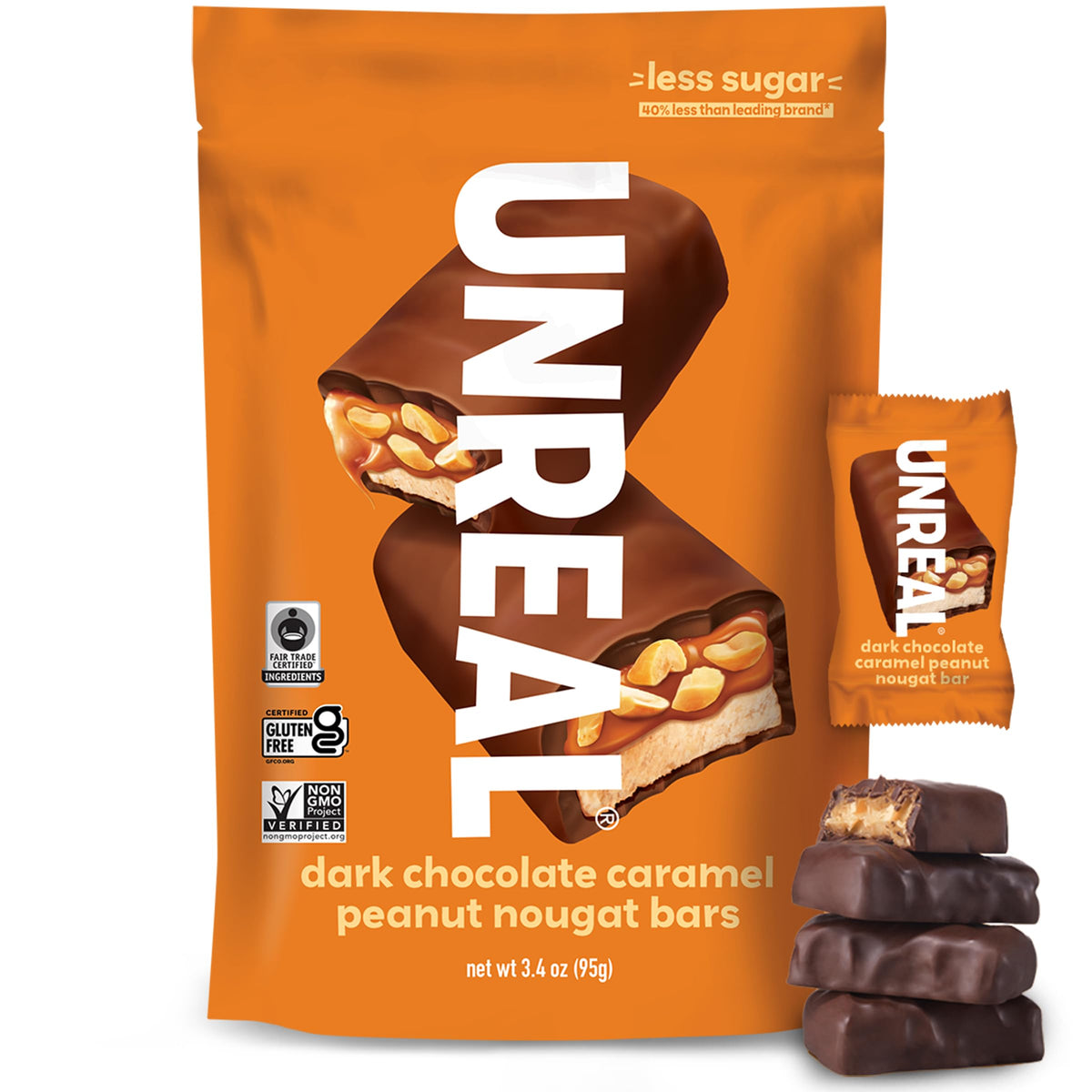 UNREAL Dark Chocolate Caramel Peanut Nougat Bars (1 Bag), 70% Organic Ingredients, Fair Trade, Non-GMO, No Corn Syrup, Sugar Alcohols, Soy, 3.4oz