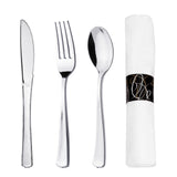 Party Essentials Party Supplies Wrapped Silverware Set Disposable, Pre Rolled Napkin and Cutlery, Spoons/Forks/Knives Silver, 25 Units