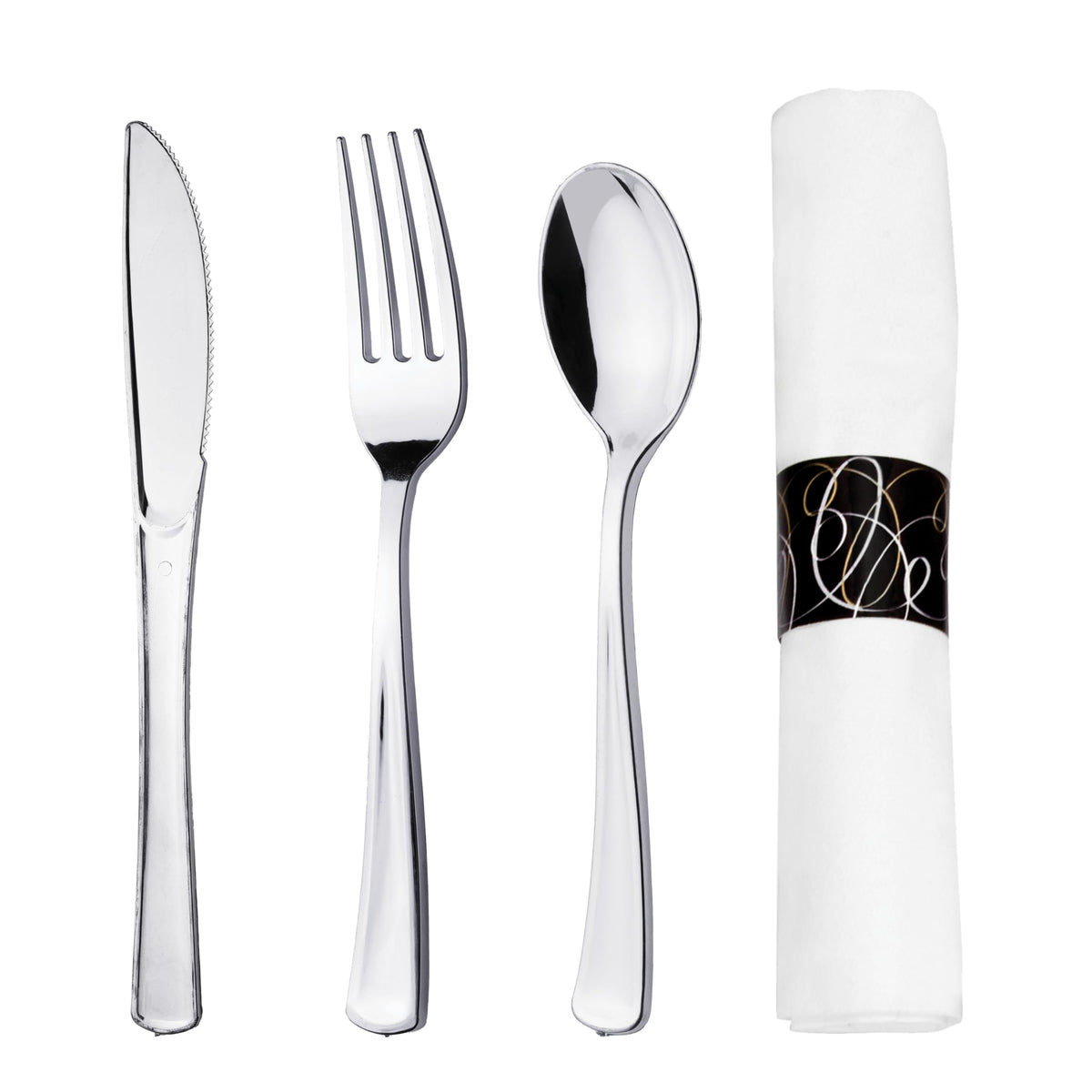 Party Essentials Party Supplies Wrapped Silverware Set Disposable, Pre Rolled Napkin and Cutlery, Spoons/Forks/Knives Silver, 25 Units