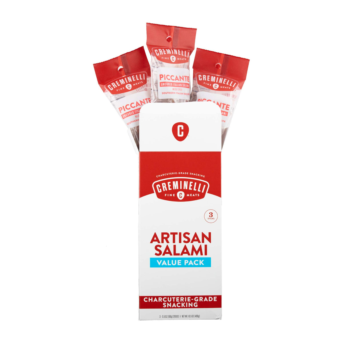 Creminelli Piccante Salami, (3 count, 5.5oz), Humanely Raised Pork*, No Added Nitrates or Nitrites, No Artificial Ingredients, Gluten Free, Keto