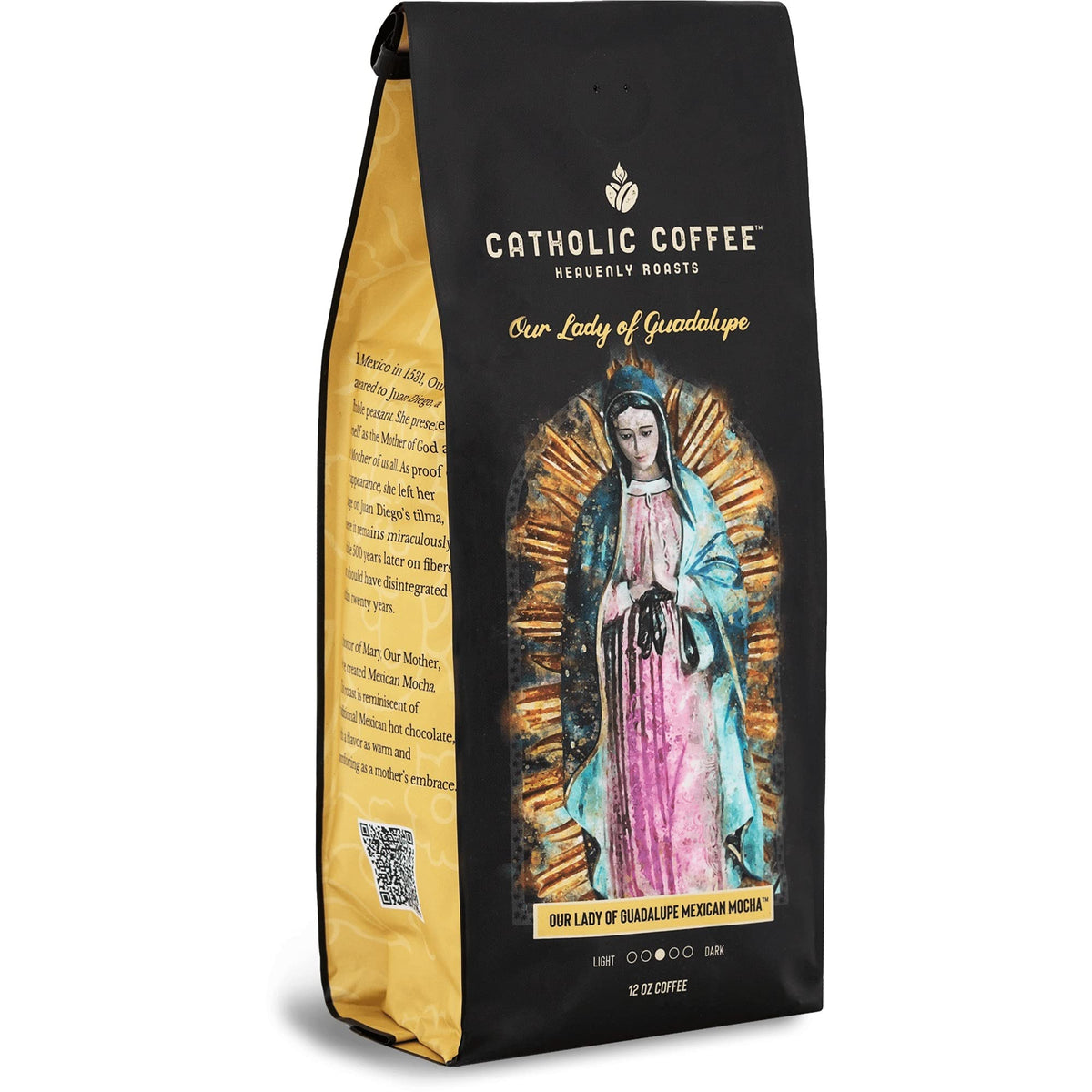 Catholic Coffee Variety Coffee Box (Ground) (Our Lady of Guadalupe, St. Patrick, St. Peter, St. Joseph) includes 4 12 oz Bags of Medium and Dark Roast