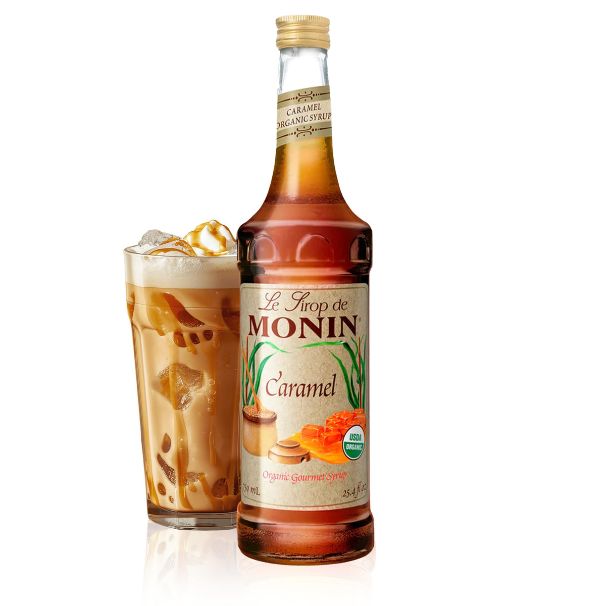 Monin - Organic Caramel Syrup | Premium Syrup for Coffee, Milkshakes, Cocktails & More (BPA-Free Glass Bottle, 750 ml)