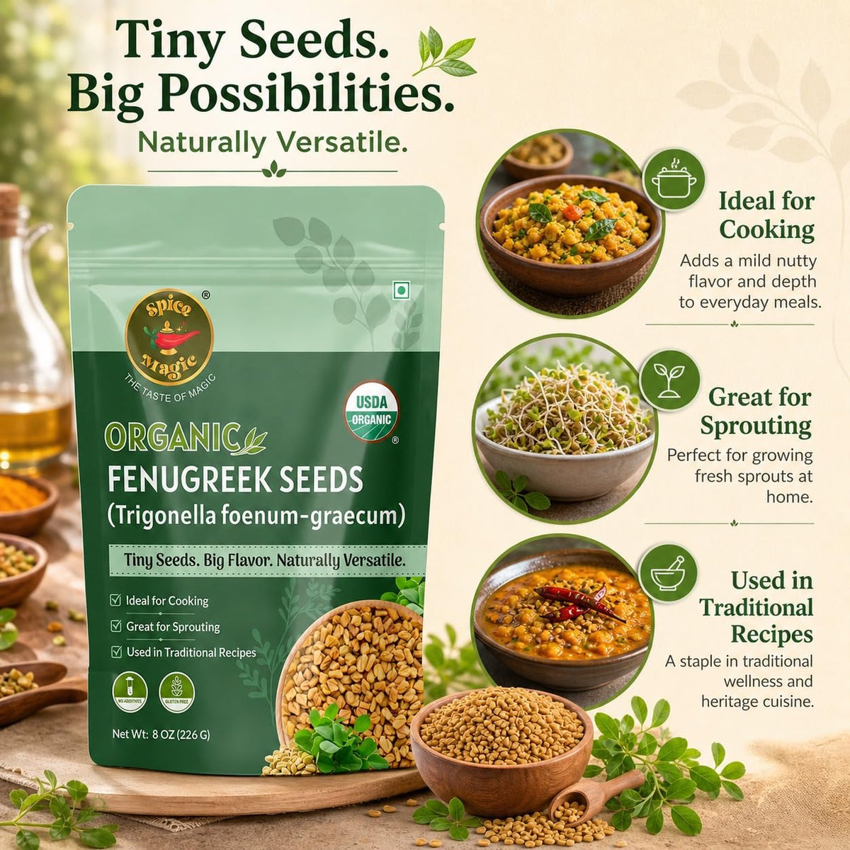 Spice Magic Organic Fenugreek Seeds 8 oz (226g) | USDA Organic Methi Seeds (Semillas de Fenogreco) | Whole Aromatic Spice | Lab Tested | Resealable