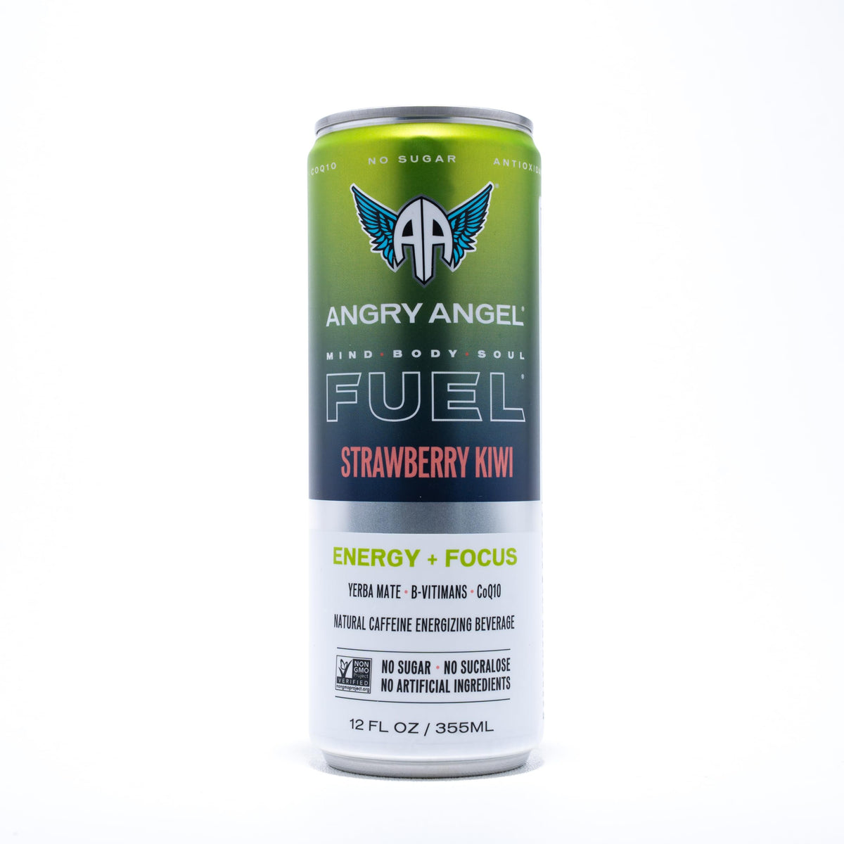 Angry Angel Strawberry Kiwi Natural Energy + Focus Drink (12 count) - Zero Sugar - Natural Caffeine from Yerba Mate - CoQ10 - B Vitamins - 12 oz Cans