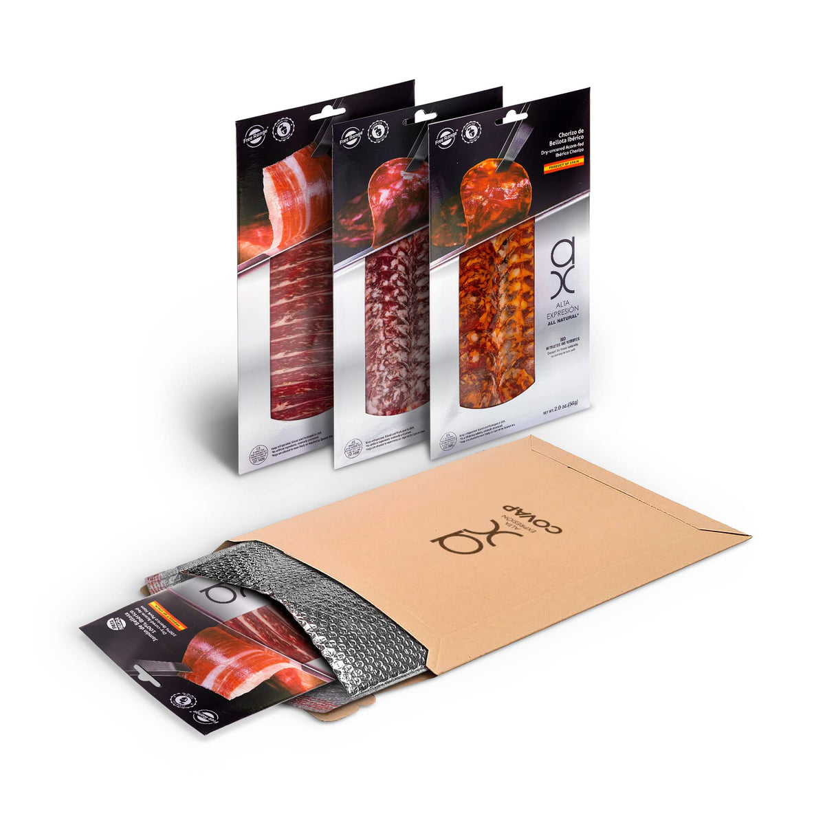 Pack Sampler Alta Expresión: All Natural Sliced Dry-uncured Acorn-fed Ibérico Ham (2x2oz), Chorizo (2oz) and Salami (2oz) AX by Covap