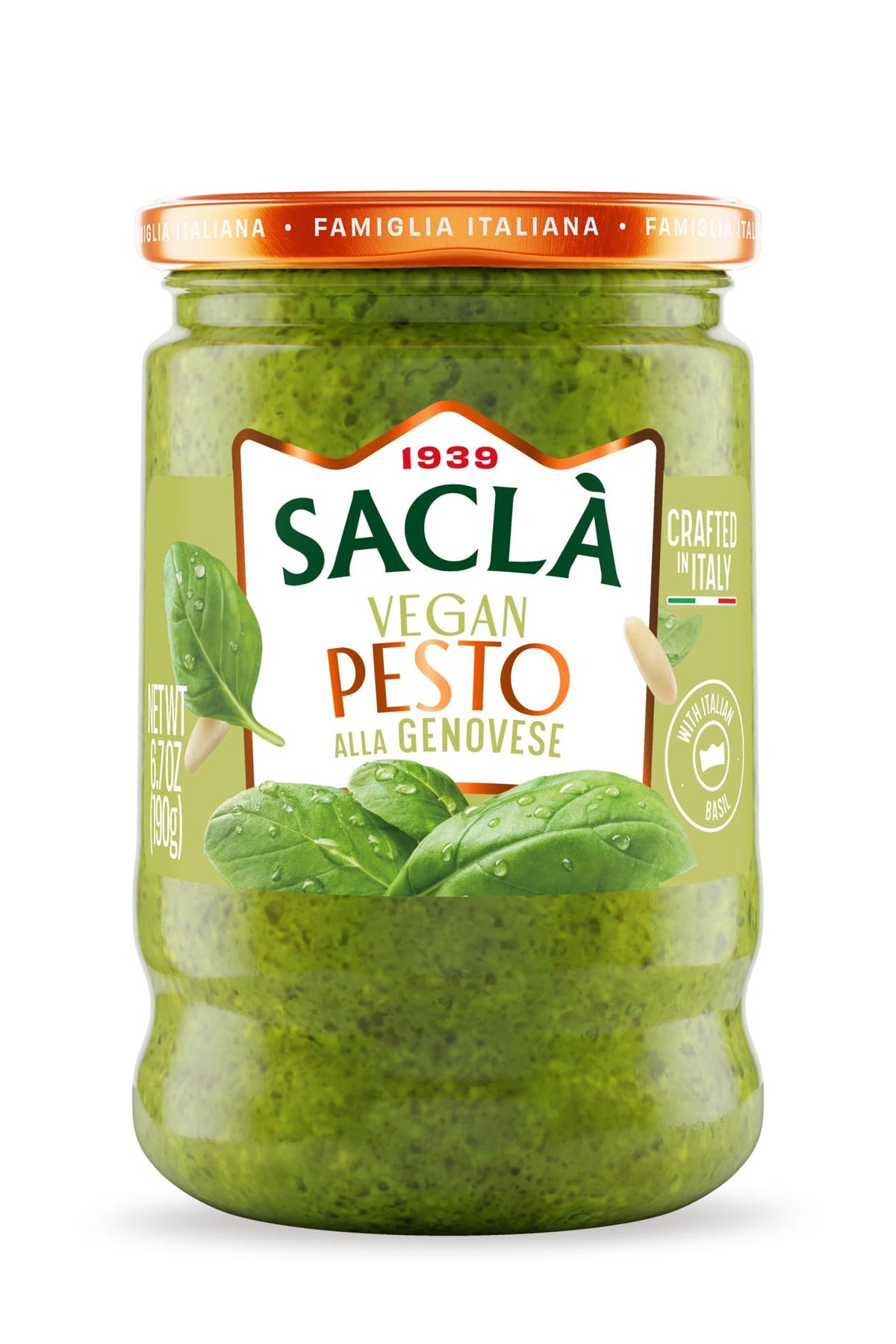 SACLA Vegan Basil Pesto alla Genovese | Dairy-Free Pesto Sauce made from Fresh Italian Basil & Cashews | 6.7 oz Glass Jar | Non-GMO, Plant-Based |