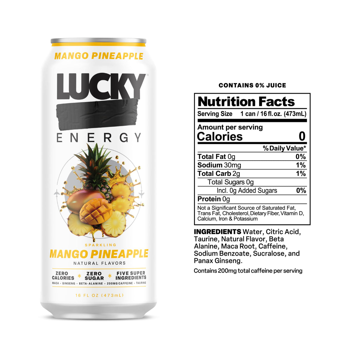 Lucky Energy Drink Mango Pineapple, Zero Sugar, 200mg Caffeine, 12 Pack