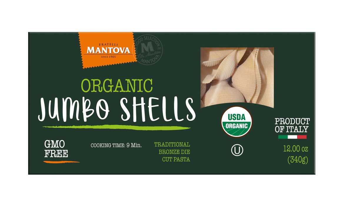 Mantova Organic Jumbo Shells Pasta, 12oz boxes (Pack of 2), Non-GMO, Product of Italy, Made with Organic Durum Wheat Semolina, Great for Stuffing