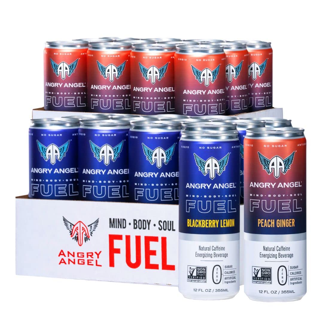 Angry Angel Blackberry Lemon & Peach Ginger Natural Energy Drink - (24 count) Mixed Pack - Zero Sugar - CoQ10 - Important B Vitamins - 12 oz Cans