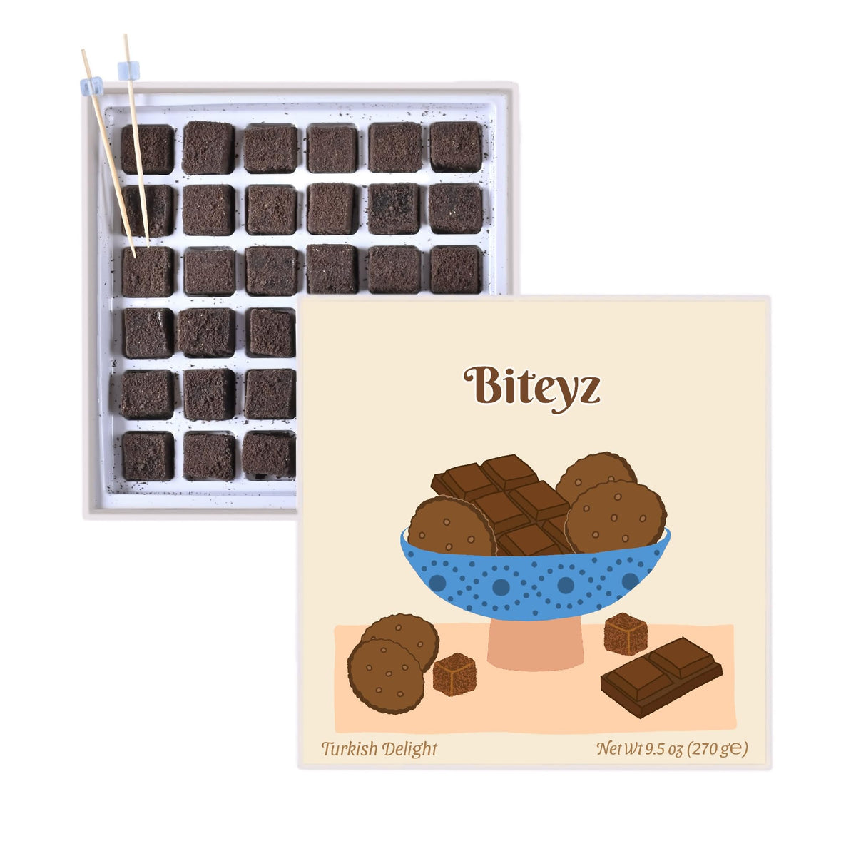 Biteyz Brownie Turkish Delight, Candy Gift Box - Gourmet Treats, Chocolate Flavored Turkish Delight Coated with Chocolate Cookie Crumbs, 36 Pieces