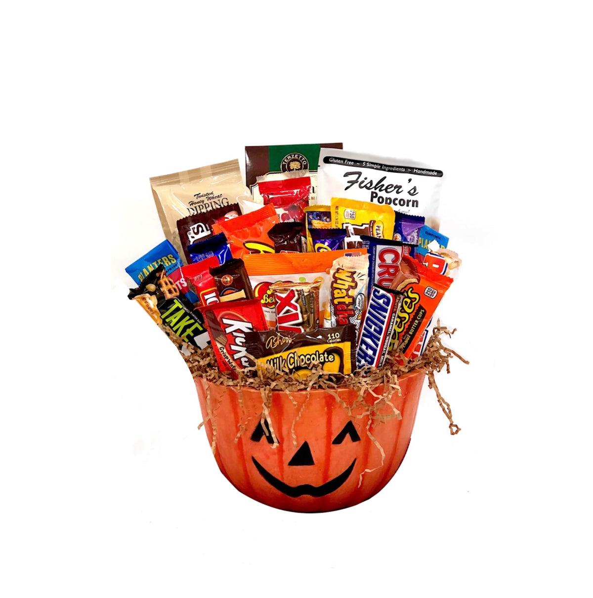 Premium Pumpkin Pumpkin Gift Basket filled with chocolate, candy, and snacks. Customizable for all kids, adults, business gifts, Halloween parties