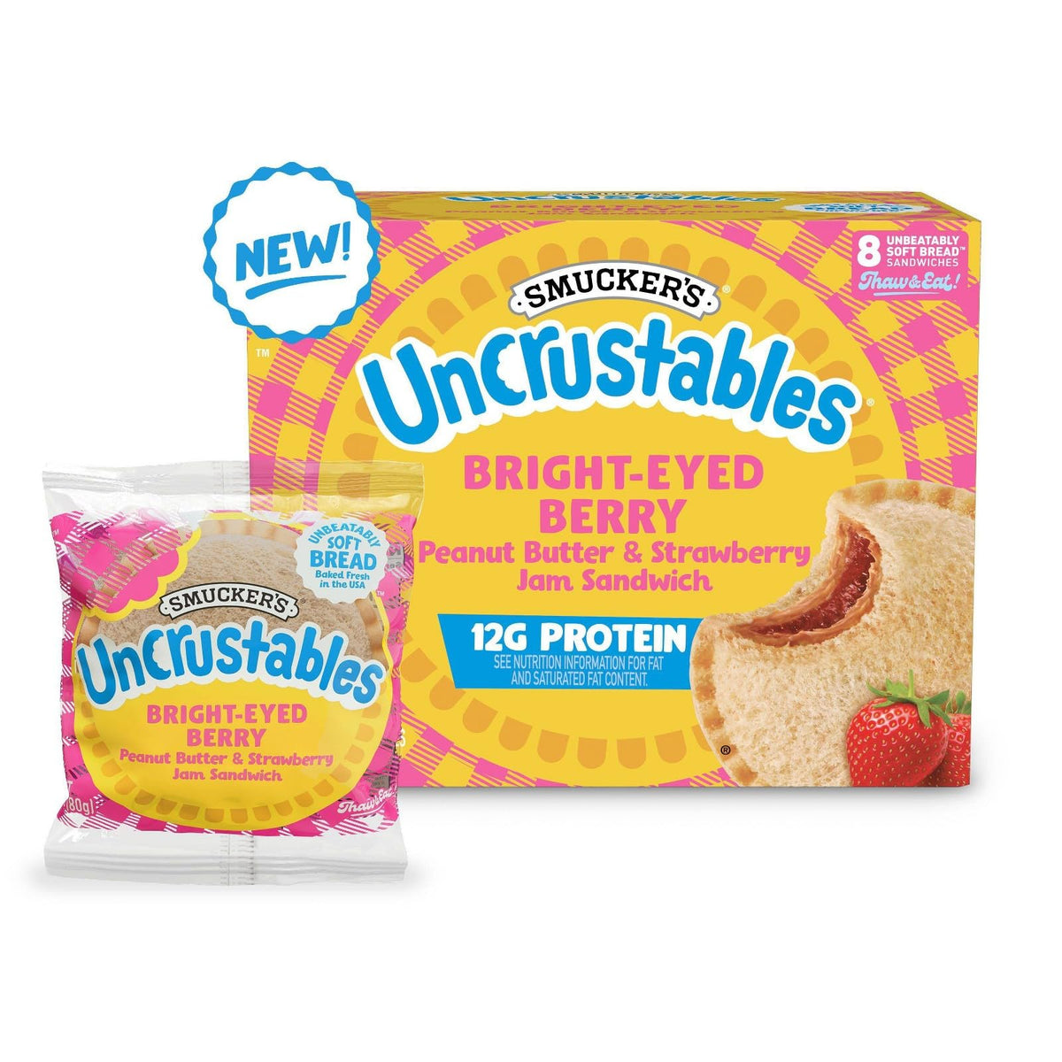 Smucker's Uncrustables Frozen Sandwich Variety Pack, Peanut Butter & Strawberry Jam - 12g Protein and Peanut Butter, 24 Count