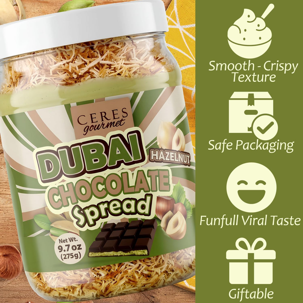 Ceres Gourmet Dubai Chocolate Crunchy Spread with Roasted Hazelnut Pieces, Spoonful Chocolate Snack with Crispy Kataifi and Smooth Pistachio Cream