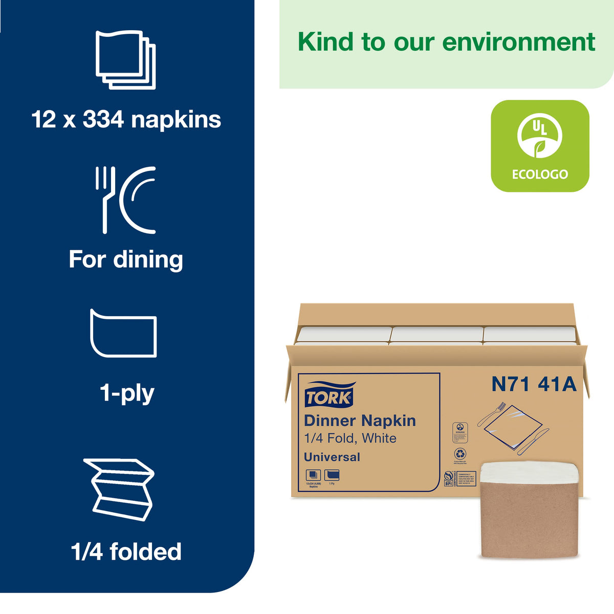 Tork White Dinner Napkin, 1/4 Fold 1-ply, 17" x 16.9", 12 x 334 napkins, N7141A