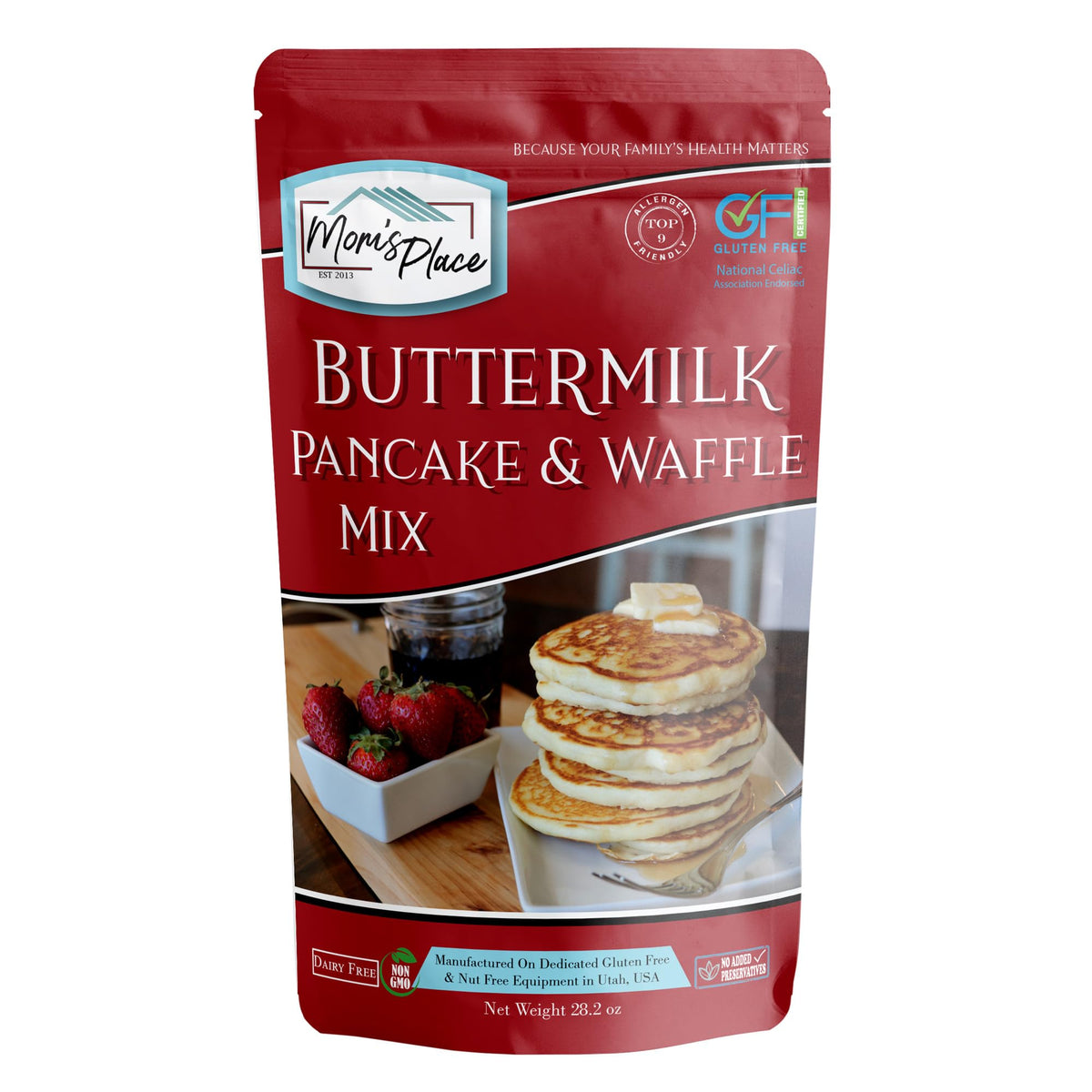 Mom's Place Gluten-Free Buttermilk Pancake & Waffle Mix, Easy to Make, Nut Free, Dairy Free, Corn Free & Soy Free, 29 Servings, 28.2 oz