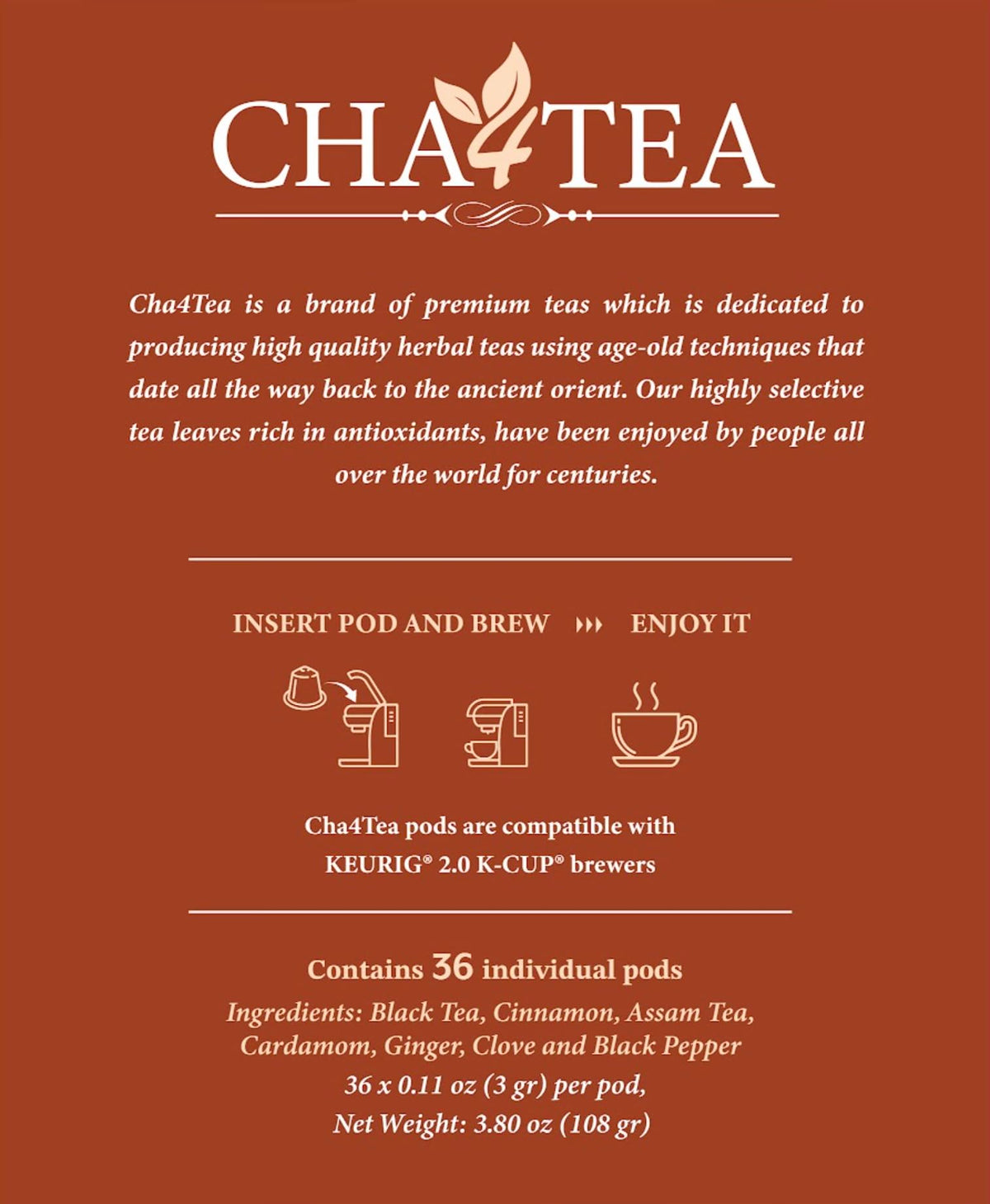 Cha4TEA 36-Count Chai Black Tea Pods Compatible with Keurig K-Cup Brewers