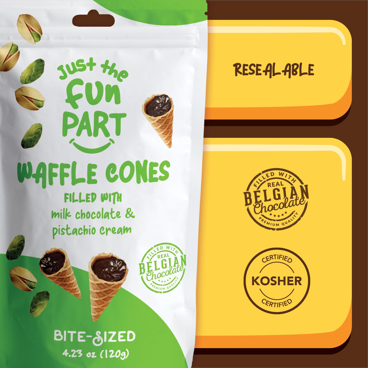 Just The Fun Part Waffle Cones, Milk Chocolate & Pistachio Cream