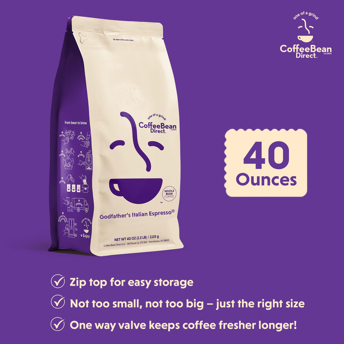 Coffee Bean Direct Godfather’s Italian Espresso®, Whole Bean Coffee, Handcrafted Blend, Dark Roast, 2.5 Pound Bag (Pack of 1)