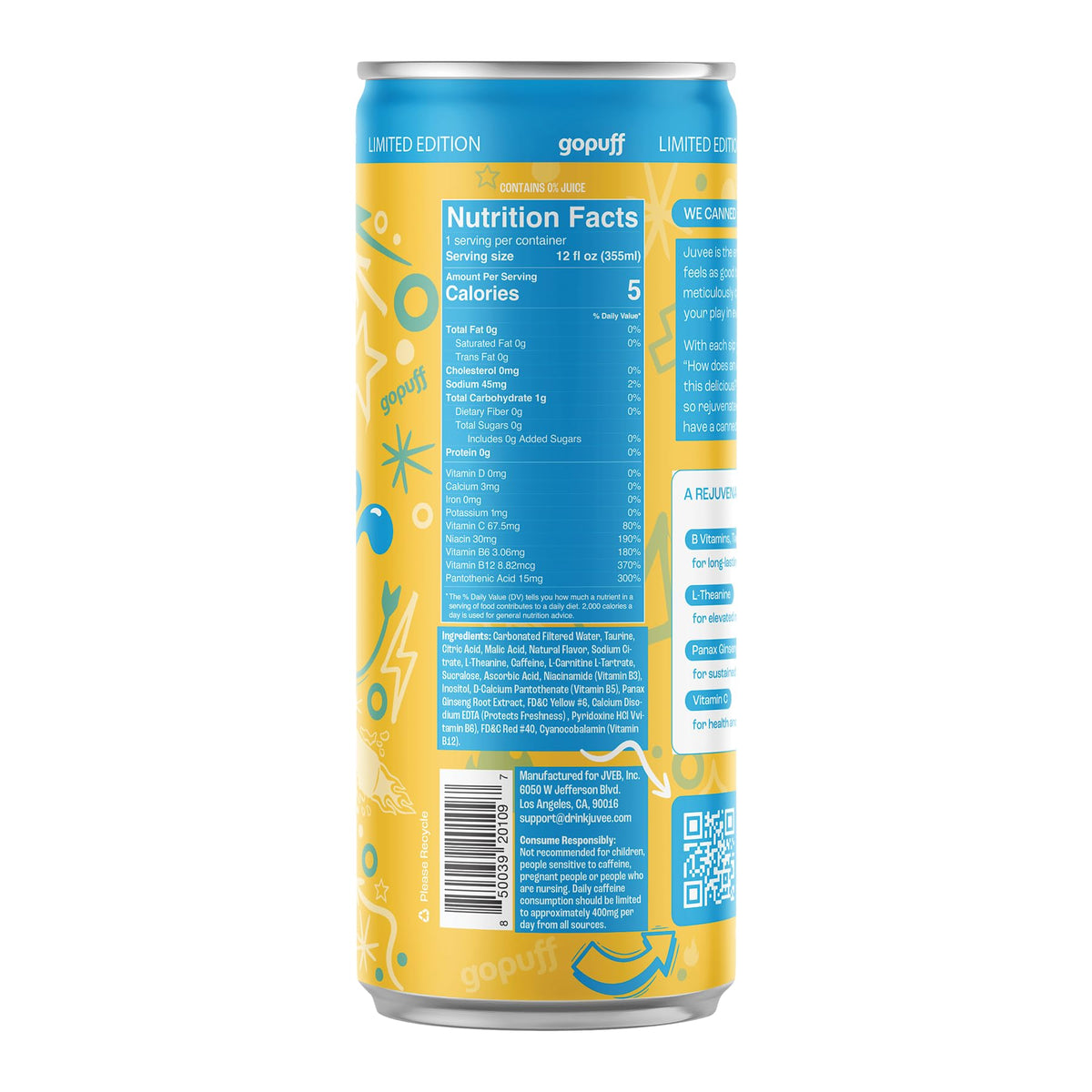 Juvee Rejuvenating Energy Drink - Sugar Free Peachy Mangopuff Flavor, 12 oz Cans (12-Pack) - 127.5mg Caffeine, Zero Sugar, Low Calorie, Clean Energy