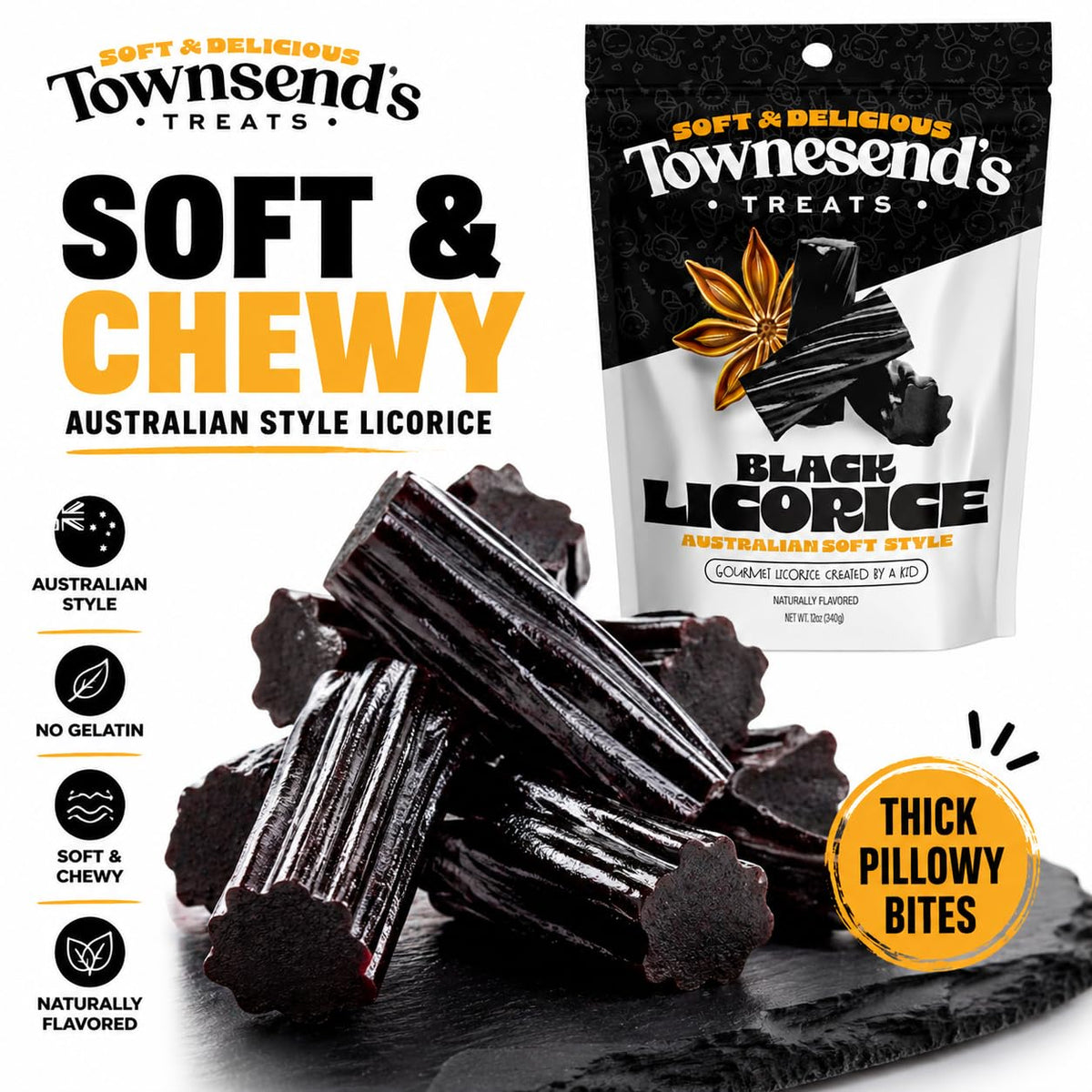 Townesend’s Treats Soft & Chewy Black Licorice Candy Bites (1 Pack) - Australian Style Thick Gourmet Licorice - Rich Bold Flavor, Pillowy Texture