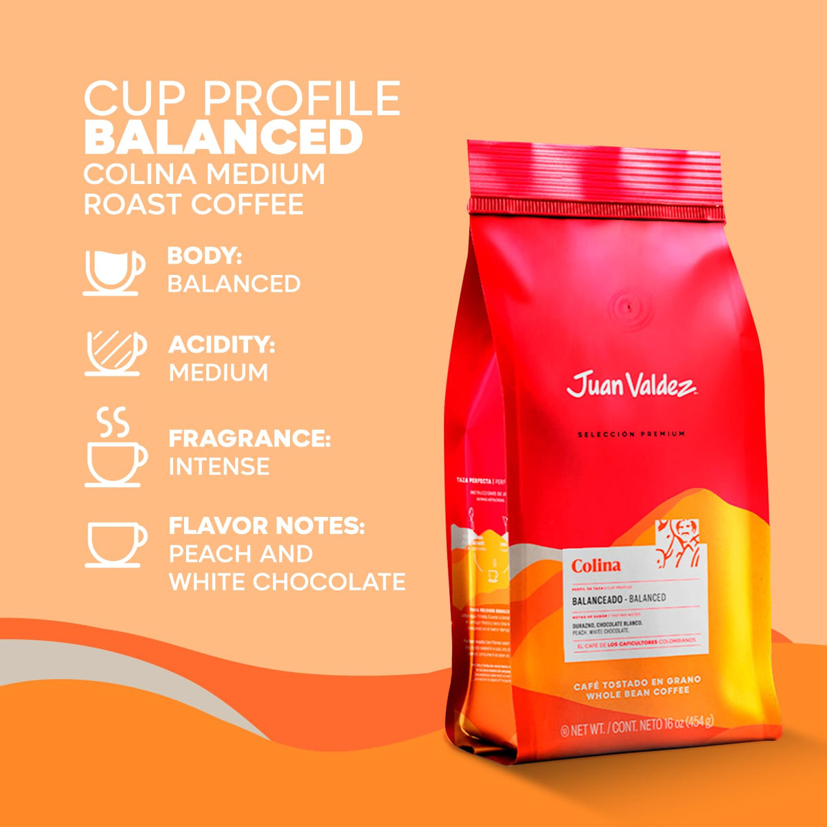 Juan Valdez Colina Whole Bean Coffee, Balanced Roast 16 OZ - Premium Colombian Coffee - Unique “Caracolito” beans produce a coffee of balanced flavor