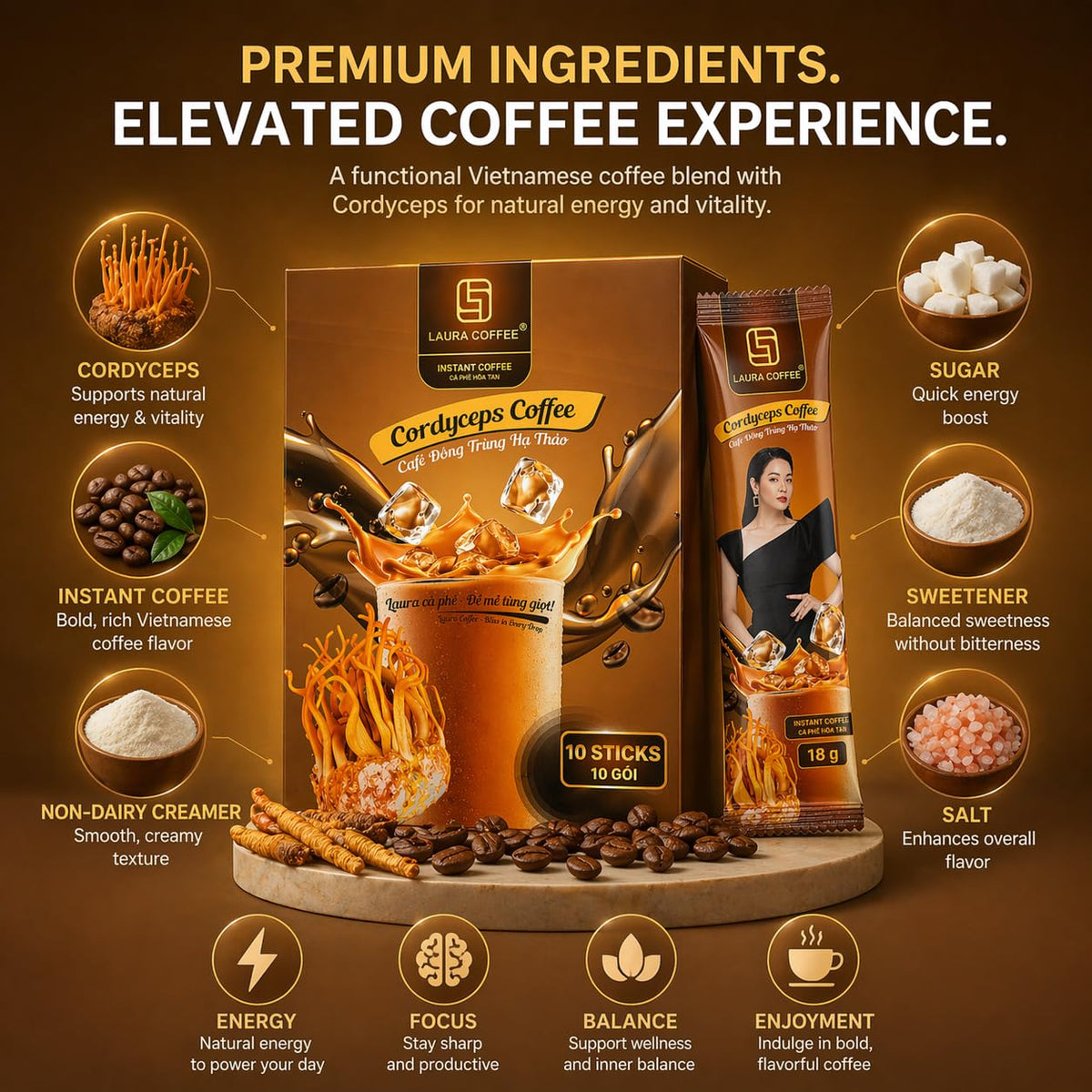 Laura Cordyceps Mushroom Coffee, Vietnamese Instant Coffee 3 in 1, Energy Focus Coffee Mix, 10 Sachets, Strong Coffee Flavor