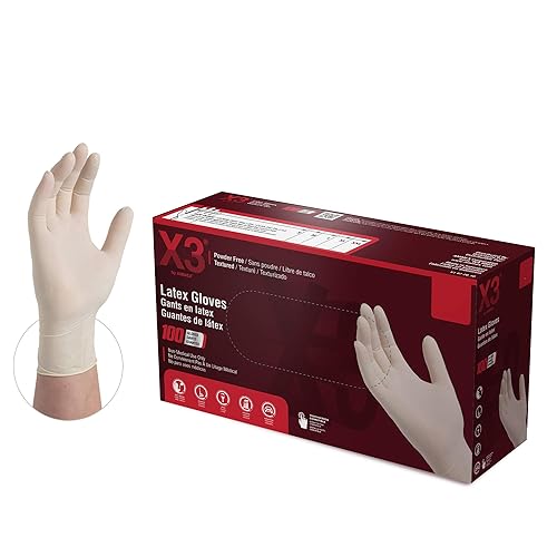 X3 Industrial Ivory Latex Gloves, Box of 100, 3 Mil, Size Small, Powder Free, Textured, Disposable, LX342100-BX