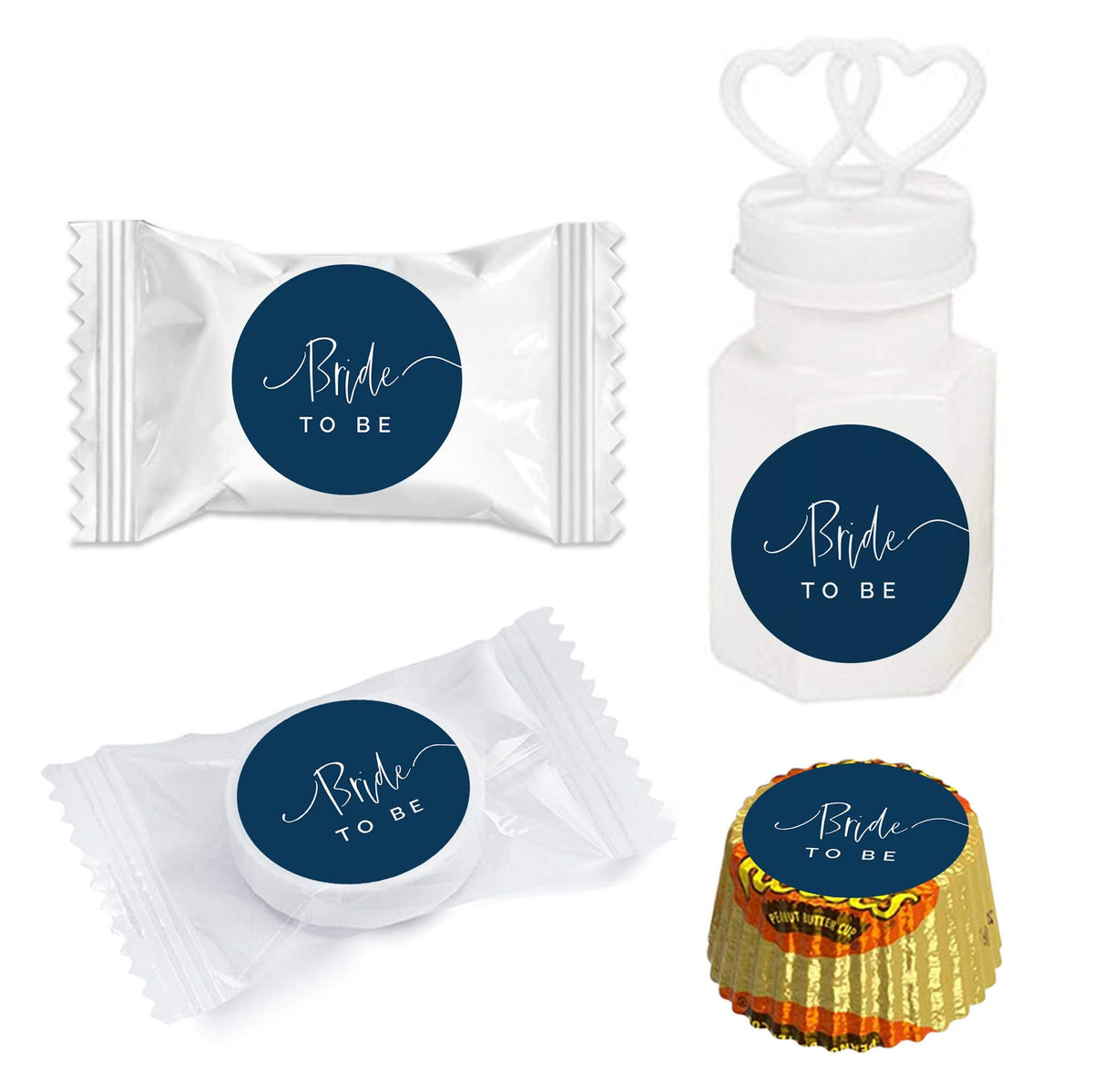Andaz Press Winter Navy Blue with Eucalyptus Blossoms Wedding Party Collection, Chocolate Drop Label Stickers Trio, Bride to Be, Floral Graphic