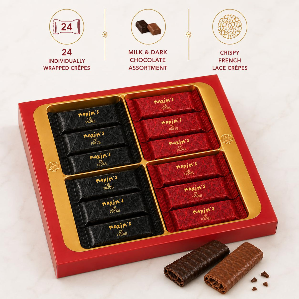 Maxim's De Paris - Chocolate Covered Crispy Crepes Assortment Milk And Dark Chocolate, Individually Wrapped in Paris Box, 24 pces