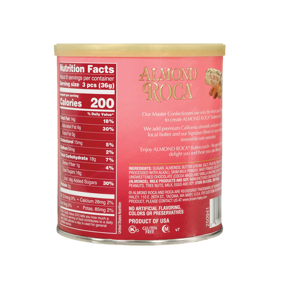 Almond Roca Pack of 1 - 10oz Individually Wrapped Chocolate Candy Cannister - Original Buttercrunch Toffee with Almonds - Gluten Free, Kosher