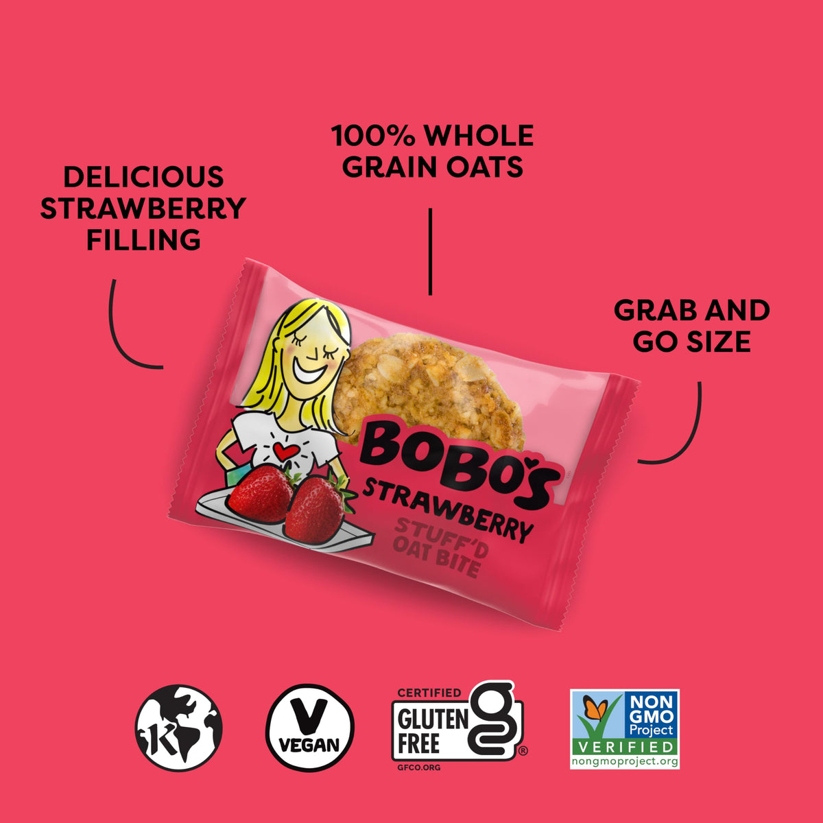 Bobo's Strawberry Stuff'd Oat Bites, Simple Ingredients, Whole Grain Oats, Plant Based, Non-GMO, Gluten Free Breakfast Bars, Healthy Snacks for Adults